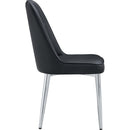 6 modern dining chairs, sleek PU backrest, and silver metal legs bring a comfortable home experience to the kitchen, bedroom, and office.Black PU Chairs with Simple Line Designs On The Backrest.