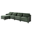 Stylish Green Four-Seater Sofa with Movable Ottoman, Ergonomic Design, Chenille Fabric, Wooden Base