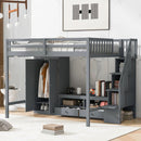 Full Size Loft Bed Frame with Wardrobe,Low Storage Table and Storage Staircase,Gray(Expected Arrival Time:10.20)