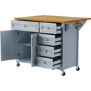 K&K 52'' Kitchen Island with Drop Leaf, Embossed Texture Kitchen Island on Wheels with Spice Rack, Towel Rack, 2 Doors and 5 Drawers, Kitchen Storage Cart with Adjustable Shelf for Kitchen, Blue Grey