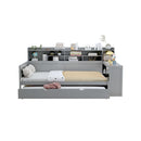 Wooden Full Size Daybed with Storage Shelves, Multi-functional Bed with Twin Size Trundle Bed and  Study Desk,Gray