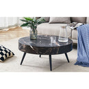 31.5' Black Marble-Patterned MDF Round Coffee Table with black Metal Legs.Adjustable Feet,Coffee table,Round Table Design,MDF Material,Black Marble Pattern.