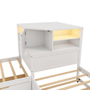 L-Shaped Combination Twin Bed with Trundle and Drawer,3-in-1 Low Corner Platform Bed Linked with Built-in Desk and Led Downlight, White