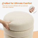 Beige Linen Upholstered Round Storage Ottoman Removable Lid