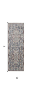 7' X 10' Blue And Ivory Floral Power Loom Stain Resistant Area Rug