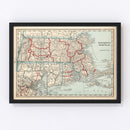 Vintage Map of Massachusetts & Rhode Island 1893