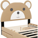 Full Size Upholstery Platform Bed Frame with Cute Bear Shaped Headboard and Two Storage Drawers,Brown