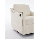cream white fabric swivel rotating accent chair with USB and magazine book for living room and hotel bed room