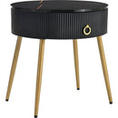 19.6" Easy Assembly End Tables with High Gloss Faux Marble Tabletops, Set of 2, Modern Fluted 2 Side Tables with Drawers, Round Coffee Tables with Golden Legs for Living Room, Black