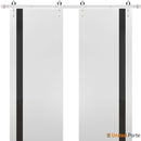 Planum 0040 White Silk Double Barn Door with Black Glass and Silver Finish Rail