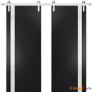 Planum 0040 Matte Black Double Barn Door with White Glass and Silver Finish Rail