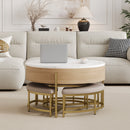 Modern Round Lift-Top Coffee Table with Storage & 3 Ottoman White & Natural