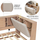 Wooden Twin Size L-shaped Daybed Corner Bed Under-bed Drawers  with Storage Bookcase and Upholstered Headboard and USB Charging Ports for Limited Space,Natural
