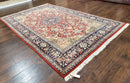 Vintage Indo Persian Oriental Rug 6 x 9.6, Wool Hand-Knotted Red Dark Blue & Gold Indian Carpet, 6 x 9 Office Room Rug, Floral Medallion