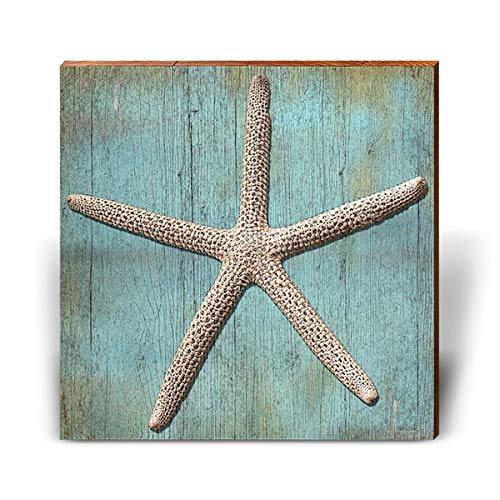 Starfish with Blue Background Home Decor Art Print on Real Wood