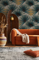 Palm Deco Wallpaper, blue and orange