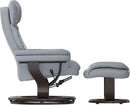 Gray Recliner With Swivel Mahogany Base And Ottoman