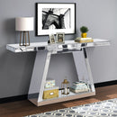 Modern Luxe Full-Body Mirror Entryway Table with Trapezoid Base, 360° Reflective Console, Scratch-Resistant, Open Storage, Silver, MDF & Glass, 55.9'