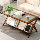 Rattan Coffee Tables for Living Room, Mid Century Modern Coffee Table with Glass Top, Large Boho Center Table with Storage, Brown