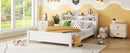Full Pine Wood Bed with Bookcase Headboard ,LED Motion Sensor Light, Bed Guardrails,White
