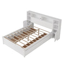 White Wooden Storage Bed with Tall Extended Bookcase Headboard, 6 Drawers and Charging Station for Teens Adults, No Box Spring Needed,Full