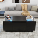 U-Can Led Coffee Table, Modern Center Table with High-Gloss Finish and Glass Tabletop, Coffee Table with Open Storage Compartment and 2 Hidden Drawers  for Living Room