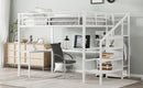 Queen Size Loft Bed with L-shaped Desk and USB, Metal Loft Bed with Wardrobe and Adjustable Shelf, High Loft Bed with LED for Kids Teens Adults, White