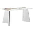 Table and chair set.63'x31.5x30' Luxurious Pandora patterned Sintered Stone Tabletop with Silver Stainless Steel Legs.Paried With 4 White PU Chairs with a vertical stripe design on the backrest.