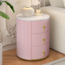 Upholstered Nightstand with 3 Drawers, Round Bedside Table with Metal Handles,Marbling Stickers Top Night Table for Bedroom, Fully Assembled Except Handles, Pink