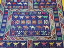 3' X 7' Vintage Handmade Indian Wool Kilim Flat weave Rug Camel Birds Blue Geometric Short Runner