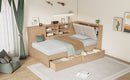 Wooden Twin Size L-shaped Daybed Corner Bed Under-bed Drawers  with Storage Bookcase and Upholstered Headboard and USB Charging Ports for Limited Space,Natural