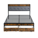 Modern King Bed Frame with Storage & LED Lights, Upholstered Headboard, USB Charging Station, Easy Assembly, Grey