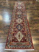 Antique Persian Qashqai Runner Rug 3 x 13 ft, Tribal Runner, Geometric Medallions, Red Ivory Blue, Wool