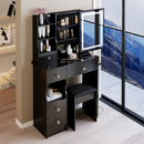 29.2' Small Size Left Drawer Desktop Vanity Table + Cushioned Stool, 2 AC+2 USB Power Station, Hair dryer bracket, Extra Large Touch Control Sliding LED Mirror, Tri-color Switching, Brightness Adjust
