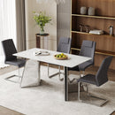 Table and chair set.63'x31.5x30' Luxurious Snow Mountain Patterned Sintered Stone Table with Silver Metal Butterfly Legs.Paried With 4 Dark Gray High-quality PU Chairs With Arched Metal Legs.