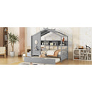 Wooden Twin Size House Bed With Trundle, Modern Design for Kids with Storage Shlef, Gray