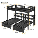 Full XL Over Twin & Twin Triple Bunk Bed with Drawers, Multi-functional Metal Frame Bed, Bed Head with Shelving & USB, Black