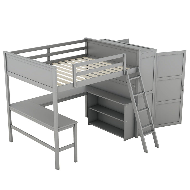 Full size Loft Bed with Desk, Shelves and Wardrobe-Gray