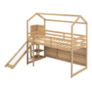 Walker Edison - Twin Size Wood House Loft bed with Slide, Storage shelves and Light, Climbing Ramp, Wood Color
