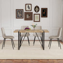 Table and chair set.A minimalist retro rectangular dining table with a textured top and black metal legs.Paired With 4 Warm Light Gray Artificial PU Chairs With Curved Widened Cushion Design.