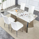 Table and chair set.63'x31.5x30' Luxurious Pandora patterned Sintered Stone Tabletop with Silver Stainless Steel Legs.Paried With 4 White PU Chairs with a vertical stripe design on the backrest.