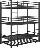 Metal Twin Size Triple Bunk Bed with Trundle, Black for Kids