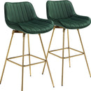 Set of Two 29" Green And Gold Velvet And Metal Swivel Low Back Bar Height Bar Chairs
