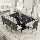 Black Marble Pattern Tempered Glass Dining Set - 71'x35.4' with 8 White and dark gray spliced PU Chairs With a Widened Backrest Design.