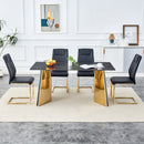 Table and chair set.63'x31.5x30'Black Texture With Lines Patterned Sintered Stone Table with Golden Stainless Steel Butterfly Legs.Paried With 4 Black High-quality PU Chairs With Golden Metal Legs.