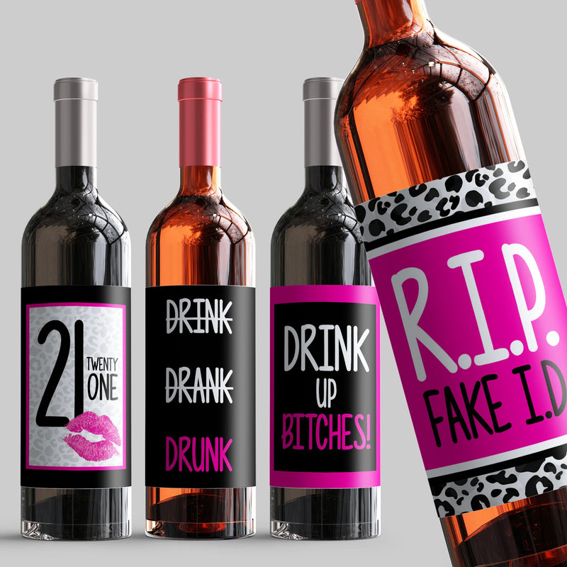 Pink 21st Birthday Wine Label Set