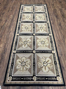 Needlepoint Runner Rug 3x8 Panel Design Rug, Flatweave Runner Rug, English Design, Floral, Short Runner Rug, Black and Beige Wool Hand-Woven