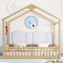 Double Twin House-Style Floor Bed with Fence, Guardrails, without door, Natural(Old Sku:W504P143318)
