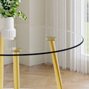 A modern minimalist style round transparent tempered glass table with gold metal legs, paired with 4 modern PU leather high-back dining chairs, bring a luxurious experience.