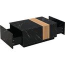 Modern 35.4 x 23.6 Inch Two-tone Coffee Table with Faux Marble and Walnut Wood Grain Finish, Rectangular Center Table with 2 Storage Drawers, Practical Cocktail Table for Living Room, Black